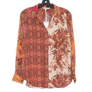 NWT Rose + Olive Top Statement Boho Retro Eclectic Patchwork Floral Button Small